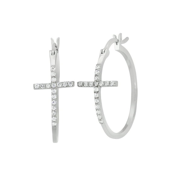 CZ Sterling Silver Sideways Cross Hoop Earrings