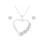 CZ Sterling Silver Stud Earrings and Heart Pendant, 18"