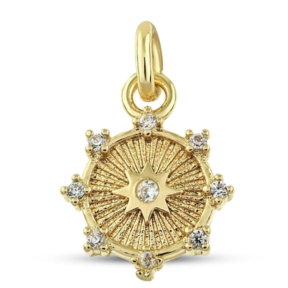 CZ Sunshine Disc Charm - Yellow Gold Plated Brass Charm with Cubic Zirconia Stones - Dainty Sun Charm for Bracelet, Necklace - Good Luck Charm for Women and Girls