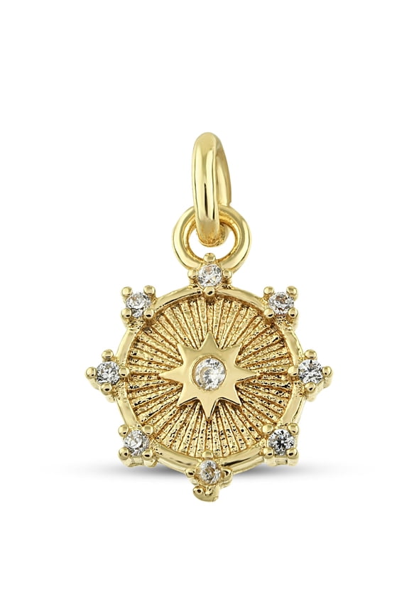 CZ Sunshine Disc Charm - Yellow Gold Plated Brass Charm with Cubic Zirconia Stones - Dainty Sun Charm for Bracelet, Necklace - Good Luck Charm for Women and Girls