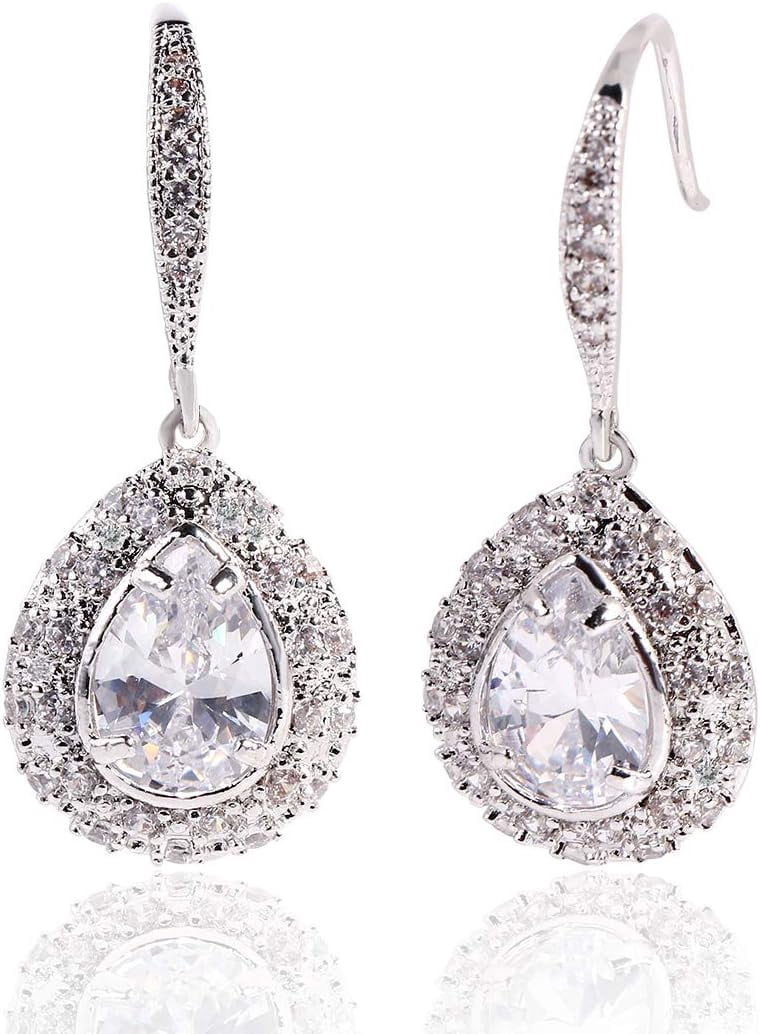 Sterling Silver Sapphire Blue CZ Droplet Drop Earrings in Sterling Silver, Chunky Pear Shape Hook Earrings - UK