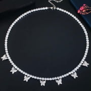 CZ Tennis Butterfly Charm Choker Necklace Yellow Gold Plated Bridal Chic Jewelry