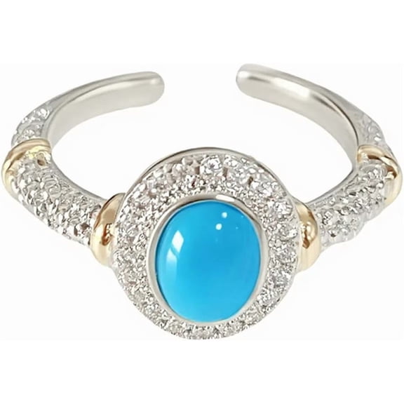 CZ Turquoise Statement Rings for Women Silver Plated Fashion Crystals Adjustable Geometric Stacking Open Band Wrap Finger Ring Comfort Fit Wedding Party Art Decor Jewelry