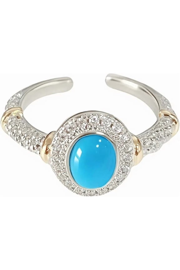 CZ Turquoise Statement Rings for Women Silver Plated Fashion Crystals Adjustable Geometric Stacking Open Band Wrap Finger Ring Comfort Fit Wedding Party Art Decor Jewelry