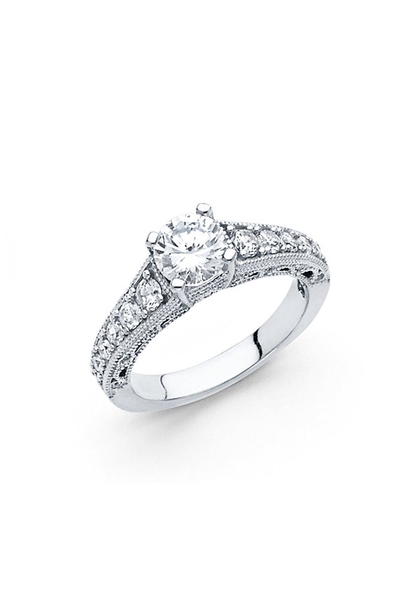 CZ Vintage Style Solitaire Engagement Ring 14k White Gold Anniversary Round CZ Band Side Stones Size 5.5