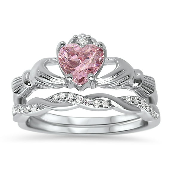 CZ Wedding Set Claddagh Bridal Set Pink Sapphire CZ Engagement Wedding Ring Set (5)