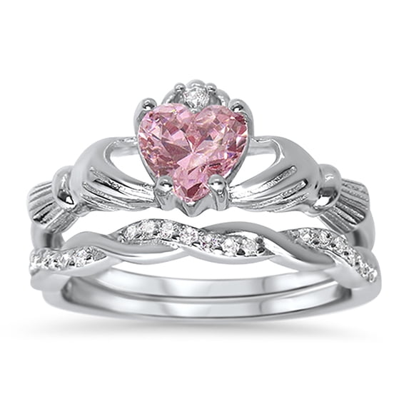 CZ Wedding Set Claddagh Bridal Set Pink Sapphire CZ Engagement Wedding Ring Set (5)