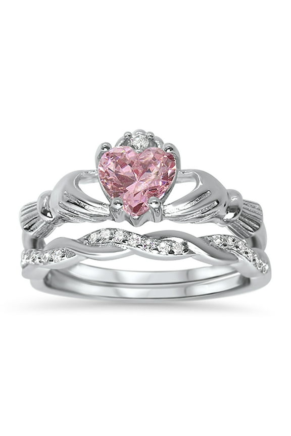 CZ Wedding Set Claddagh Bridal Set Pink Sapphire CZ Engagement Wedding Ring Set (5)