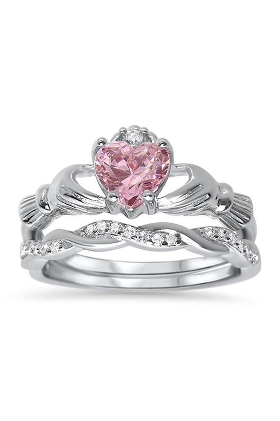 CZ Wedding Set Claddagh Bridal Set Pink Sapphire CZ Engagement Wedding Ring Set (7)