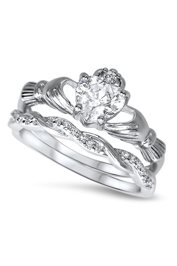CZ Wedding Set Claddagh Bridal Set Simulated Diamond Engagement Wedding Ring Set (7)