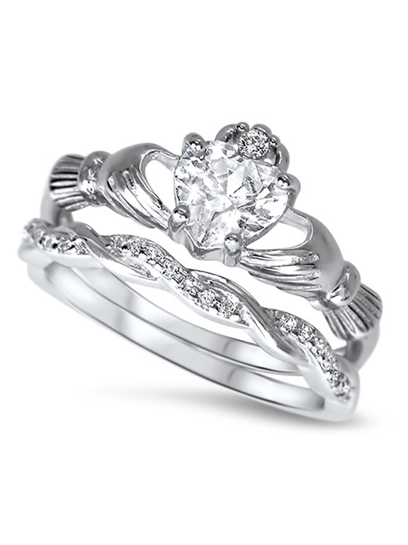 CZ Wedding Set Claddagh Bridal Set Simulated Diamond Engagement Wedding Ring Set (7)