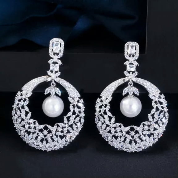 CZ Women Party Long Round Pearl Dangle Drop Earrings Fashion 925 Silver Jewelry