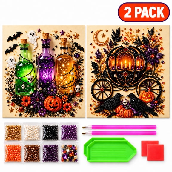 CZBZ 2 Pack Halloween Pearl Diamond Art for Adults, Framed Halloween 3D Ghost Painting DIY Craft Kits with Complete DIY Tools for Halloween, Mosaic Craft Set for Beginners, Seasonal Gift Wall Decor