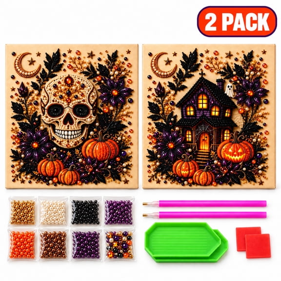 CZBZ 2 Pack Halloween Pearl Diamond Art for Adults, Framed Halloween 3D Ghost Painting DIY Craft Kits with Complete DIY Tools for Halloween, Mosaic Craft Set for Beginners, Seasonal Gift Wall Decor