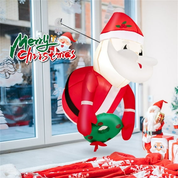 CZBZ 3.3FT Christmas Inflatables, Window Santa & Wreath with 2 Internal LED Lights, 3 Suction Cups + 1 Rope, Blow Up Lighted Outdoor Decoration for Christmas Party, Holiday Xmas Inflatables Present
