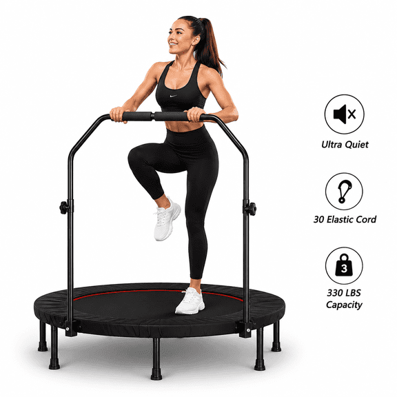 CZBZ 40" Fitness Rebounder Trampoline for Adults, Foldable Mini Exercise Trampoline with 30 Silent Bungee Cords, 3-Level Adjustable Handle, Heavy Duty 330 LBS Capacity Indoor Cardio Workout Equipment