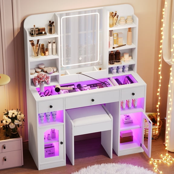 CZBZ 43.2" Vanity Desk with LED Mirror & App-Controlled RGB Glass Cabinets, Makeup Dressing Table with 3 Drawers, Shelves, Glass Top & Multi-Port Charging Station, Includes Stool for Bedroom
