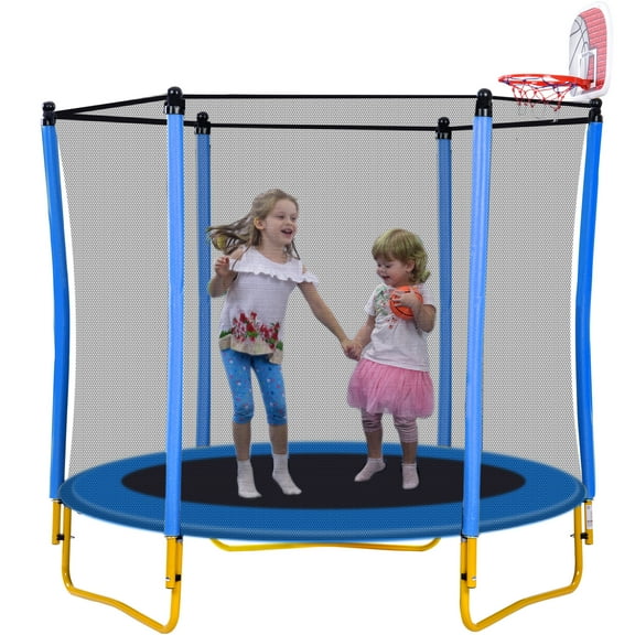 CZBZ 65'' Toddler Trampoline with Safety Enclosure Net, 5.5FT Indoor Mini Trampoline for Kids Ages 1-8 with Basketball Hoop and Balls, Small Outdoor Full Anti-Rust Baby Trampoline