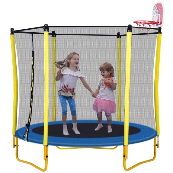 CZBZ 65'' Toddler Trampoline with Safety Enclosure Net, 5.5FT Indoor Mini Trampoline for Kids Ages 1-8 with Basketball Hoop and Balls, Small Outdoor Full Anti-Rust Baby Trampoline