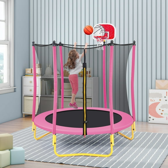 CZBZ 65'' Toddler Trampoline with Safety Enclosure Net, 5.5FT Indoor Mini Trampoline for Kids Ages 1-8 with Basketball Hoop and Balls, Small Outdoor Full Anti-Rust Baby Trampoline