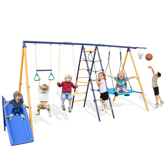 CZBZ 7-in-1 Heavy-Duty Metal Swing Set for Kids, 500LBS Backyard Outdoor A-Frame Play Center with Slide, Climbing Net, Gym Rings & Basketball Hoop