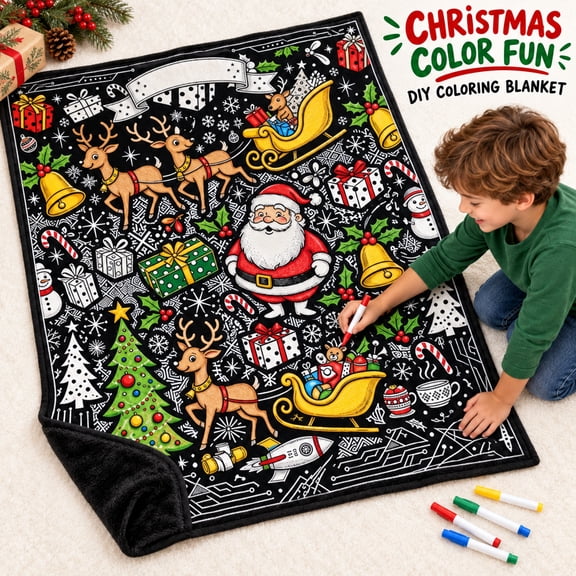 CZBZ Christmas Coloring Blanket for Kids with Washable Markers, 52 × 60 in Double-Layer DIY Doodle Blanket, Machine Washable & Reusable, Arts and Crafts Activity for Family Fun, Holiday Gift Ideal