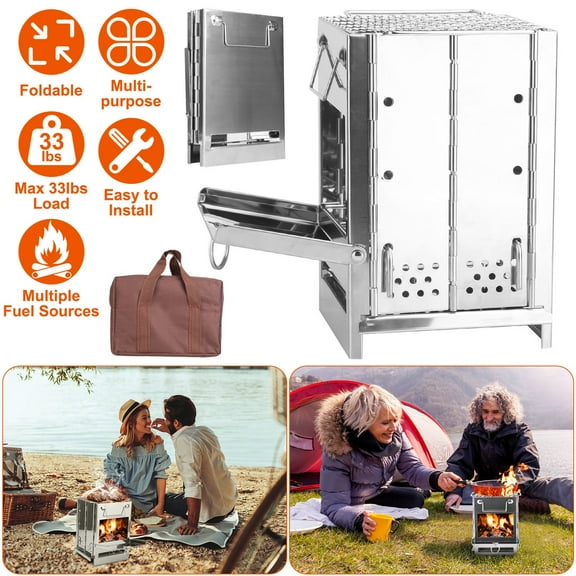 CZBZ Foldable Camping Wood Burning Stove with Grill, Camp Stove Collapsible Backpacking Survival Stove, Stainless Steel Campfire Stove for Outdoor Cooking Picnic Hiking BBQ