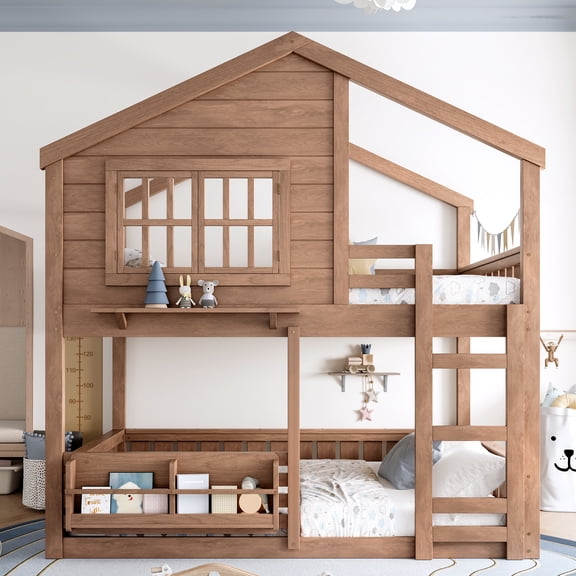 CZBZ Full Over Full House Bunk Bed, Solid Wood Floor Bunk Bed Frame with Bookshelf, Roof, Window & Safety Fencing, Noise-Free Space-Saving Bunk Bed for Teens Adults Bedroom, 450LBS Capacity Each Bed