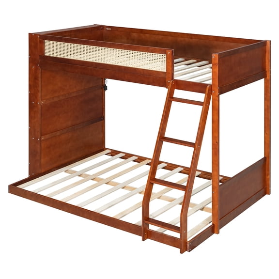CZBZ Twin over Full Bunk Bed with Shelf and LED, Solid Wood Loft Bed with Rattan Style Guardrail, 400/600 LBS Capacity, Space Saving, Noise Free, Easy Assembly