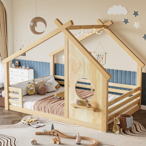 CZBZ Full House Floor Bed with Window & Built-in Shelf, Solid Wood Montessori Low Profile Bed Frame, Playful Roof Design, No Box Spring Needed, Easy Assembly, Noise Free, 400LBS Capacity