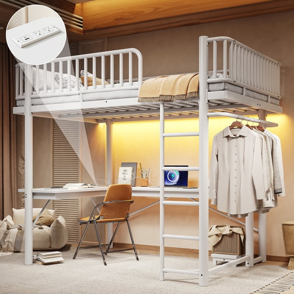 CZBZ Full Metal Loft Bed with L-Shaped Desk, LED Light Strip and Charging Station, 600LBS Heavy Duty Space Saving High Sleeper with Computer Mainframe Tray and Hanging Area, Noise Free, Easy Assembly