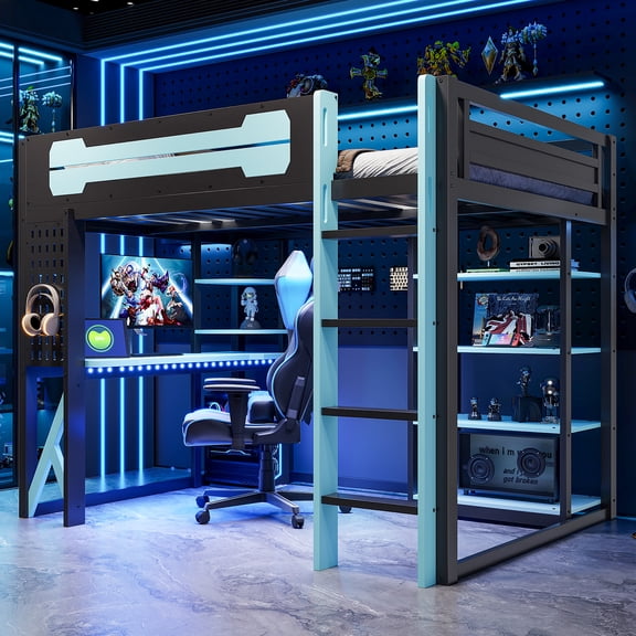 CZBZ Full Size Gaming Loft Bed with RGB LED Lights & Charging Station, Wood High Sleeper Bed with V-Shape Desk, Pegboard, Shelves & Power Outlets, 400LBS Capacity Esports Style Bed for Teens