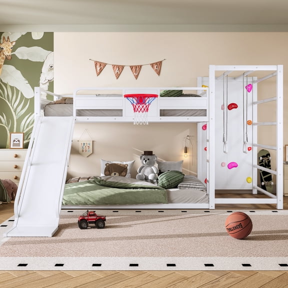 CZBZ Full Size Metal Loft Bed with Slide & Basketball Hoop, Loft Bed with Climbing Wall, Pull-up Rings & Bookshelves, No Box Spring Needed, Noise Free, Easy Assembly, 350LBS Capacity