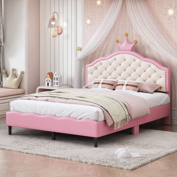 CZBZ Full Size Princess Bed with Crown Tufted Headboard, PU Leather Upholstered Bed Frame, 500LBS Weight Capacity, Sturdy Plywood + MDF Structure, No Box Spring Needed, Noise Free, Easy Assembly