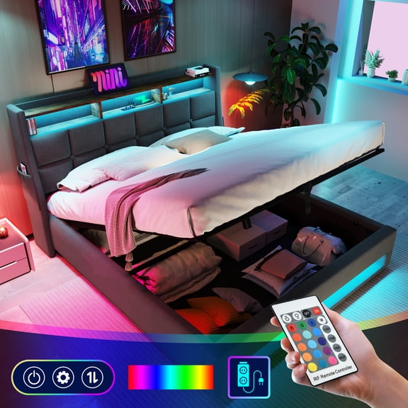 CZBZ Full Upholstered Platform Bed with Hydraulic Storage & Dual-Side LED Lights, Linen Full Size Bed Frame with USB Charging & Side Pocket, 800LBS Heavy Duty Capacity, No Box Spring Needed