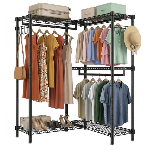 CZBZ L-Shaped Corner Clothes Rack, Heavy Duty Garment Rack with 3 Hanging Rods, 5 Shelves & Side Hooks, 2-in-1 Convertible Clothing Organizer, Black