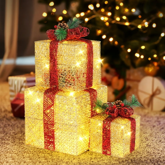 CZBZ Outdoor Christmas Yard Decorations, 3pcs 10 inch-8 inch-6 inch Golden Gift Box Garden Gift Box Decoration 5M Long Power Cord US Plug
