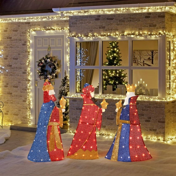CZBZ Outdoor Christmas Yard Decorations, 42in Set of 3 Lighted Three Kings with Gifts Christmas Decorations, Pre-lit 2D Holiday Decor with 80 Warm White LED Lights for Xmas Indoor Decor