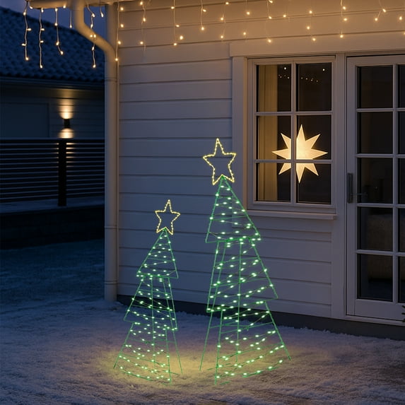 CZBZ Outdoor Christmas Yard Decorations, 4FT 3FT Set of 2 Lighted Metal Christmas Tree Yard Decorations, Pre-lit Holiday Decor with 150 Green and Warm White LED Lights for Xmas Indoor Decor