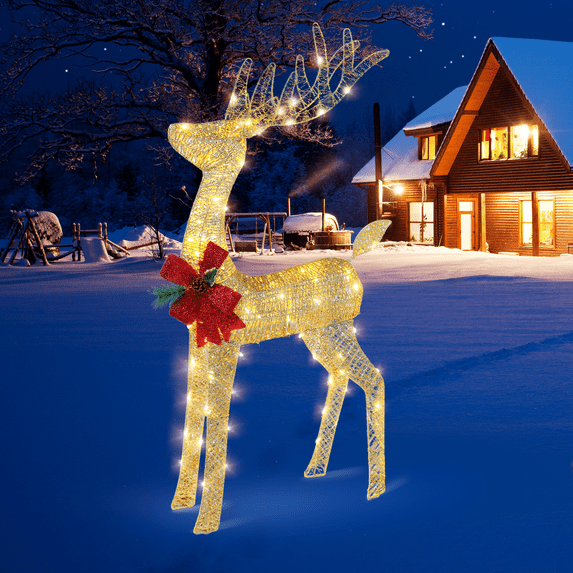 CZBZ Outdoor Christmas Yard Decorations, 4FT Lighted Christmas Reindeer Decorations, Weather Proof Santa's Sleigh Reindeer Christmas Ornament Indoor Home Decor Pre-lit 90 LED Lights with Stakes