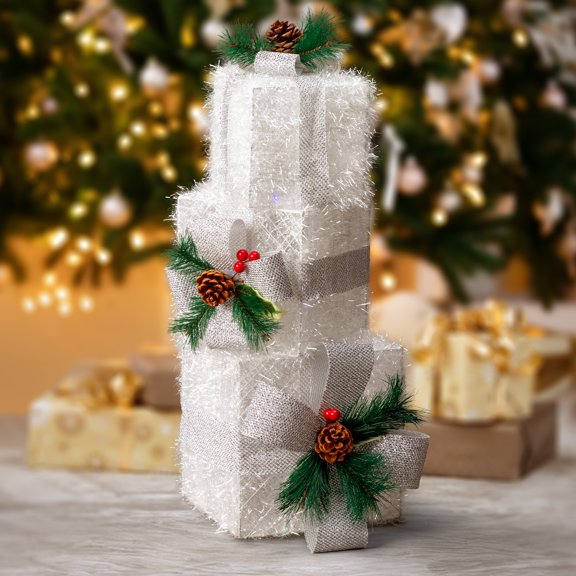 ATDAWN Set of 3 Lighted Gift Boxes Christmas Decorations, Red Green and Blue Present Boxes, Christmas Home Gift Box Décor