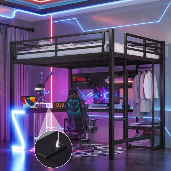CZBZ Queen Loft Bed with L-shaped Desk and USB Ports, Metal Loft Bed with Computer Tray, Peg Board, and Gaming Style Z-shaped Lights, 350LBS Capacity, Space Saving, Noise Free, Easy Assembly