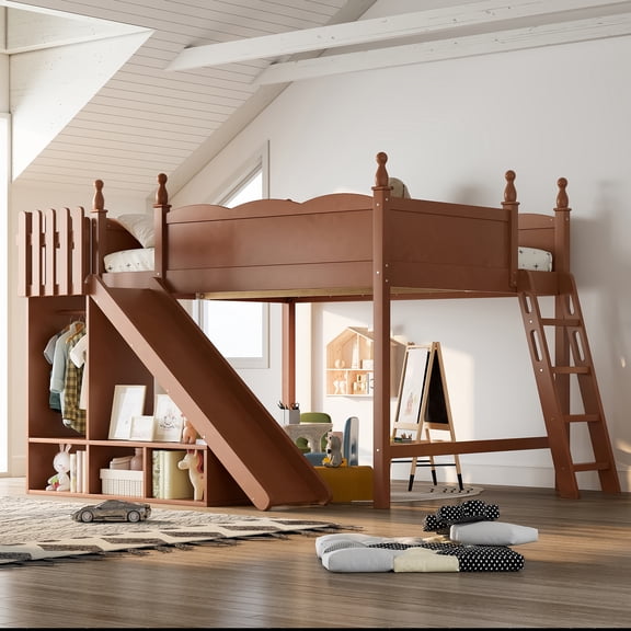 CZBZ Queen Loft Bed with Wardrobe & Storage Shelves, Solid Wood High Sleeper with Detachable Reversible Slide, Queen Bunk Bed Frame, 650LBS Capacity, No Box Spring Needed, Easy Assembly, Noise Free