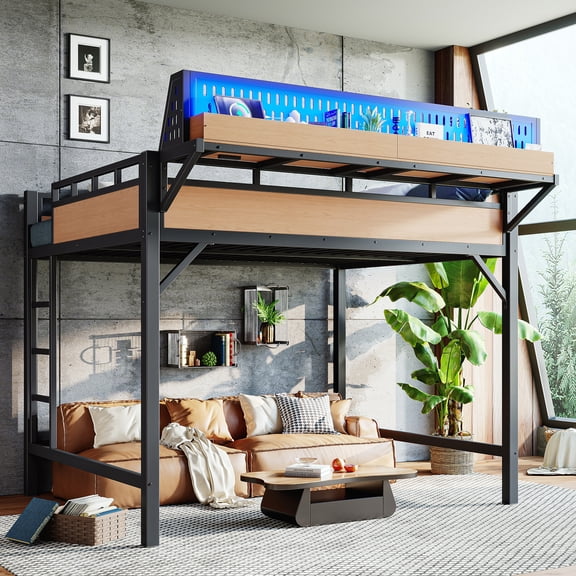 CZBZ Queen Size Loft Bed Frame with Storage Shelves and Pegboard, Metal Loft Bed with USB Ports and LED Lights, Safe and Sturdy, 350LBS Capacity, Space Saving, Noise Free, Easy Assembly