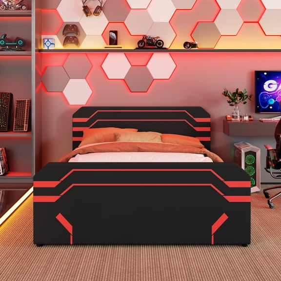 CZBZ Queen Size Upholstered Gaming Bed with Side-Lift Hydraulic Storage System, Cyberpunk Style Platform Bed with Futuristic Pattern for Gamers, 660LBS Capacity, No Box Spring Needed, Easy Assembly