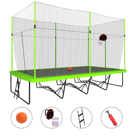 CZBZ Rectangular Trampoline with Enclosure, Basketball Hoop & Ladder, 10 x 17FT Heavy-Duty Outdoor Rectangle Trampoline for Kids & Adults2000LBS Capacity Hot-Dip Galvanized Steel Frame, 112 Springs