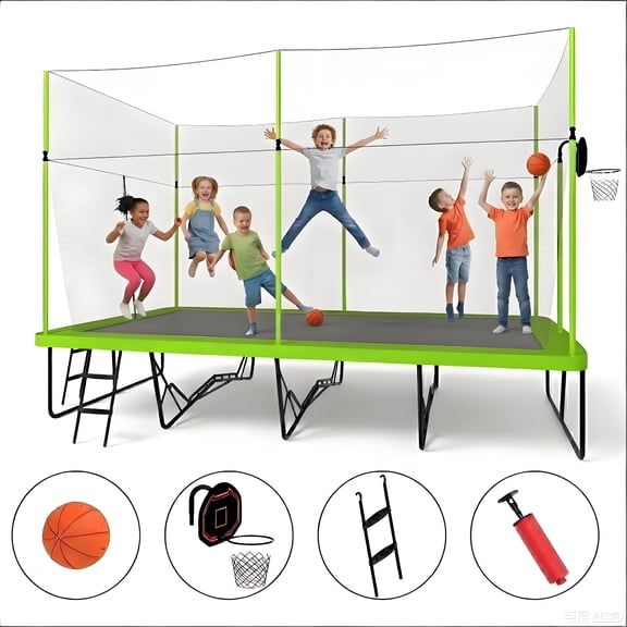 CZBZ Rectangular Trampoline with Enclosure, Basketball Hoop & Ladder, 10 x 17FT Heavy-Duty Outdoor Rectangle Trampoline for Kids & Adults2000LBS Capacity Hot-Dip Galvanized Steel Frame, 112 Springs