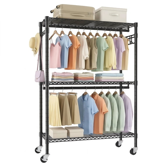 CZBZ Rolling Clothes Rack, Heavy Duty Freestanding Garment Rack with 360° Silent Wheels, 3-Tier Adjustable Wire Shelves, 2 Hanging Rods & Side Hooks, Black Metal Clothing Organizer
