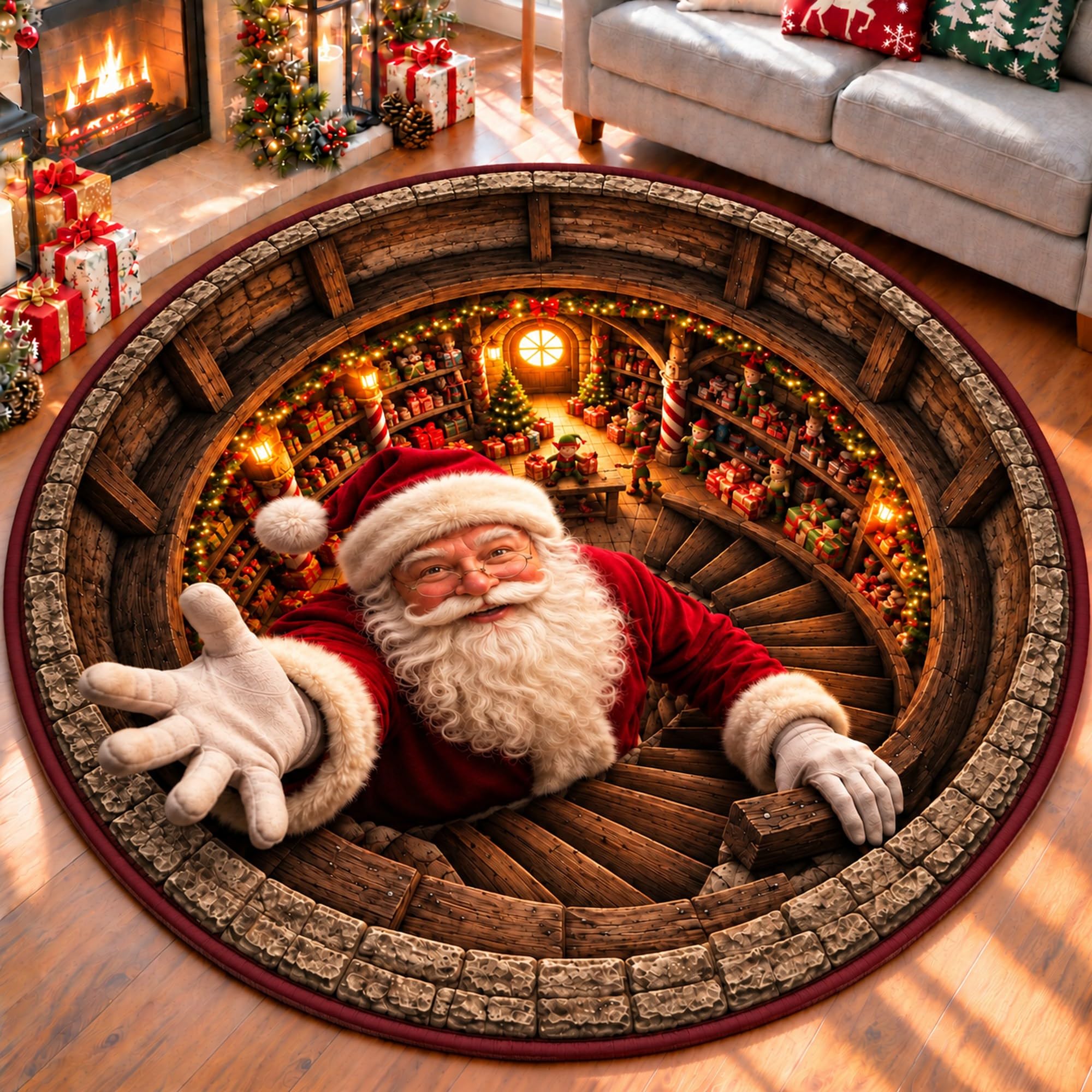 CZBZ Christmas Rug, 3D Optical Illusion Round Christmas Area Rug, 20" Washable Circle Indoor Xmas Carpet with Non-slip Silicone for Living Room, Entryway, Bedroom & Foyer