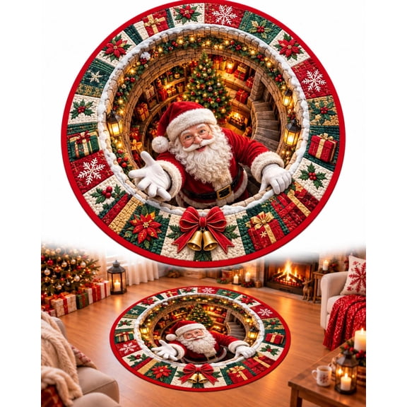 CZBZ 3D Christmas Rug, 40" 3D Optical Illusion Round Christmas Area Rug, Indoor Holiday Accent Mat with Non-Slip Backing, Soft Floor Decor for Entryway, Bedroom, Living Room